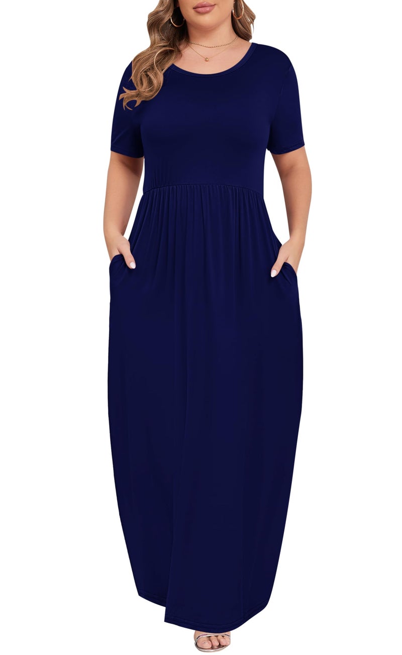 KARALIN Womenâ€™s Plus Size Maxi Dresses for Curvy Women Summer Casual Short Sleeve 2025 Long Dress Navy Blue 22W - Image 3